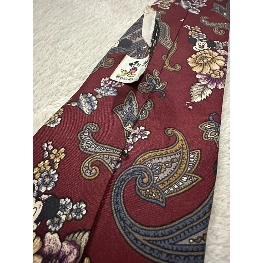Vintage Walt Disney Men's Tie Mickey & Minnie Mouse Paisley & Floral Dark Red
